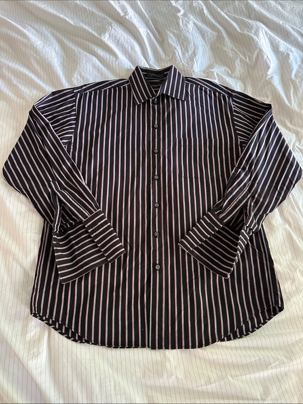 Vintage Claiborne - Black Striped Button-Down Shirt with Red Accent - Large